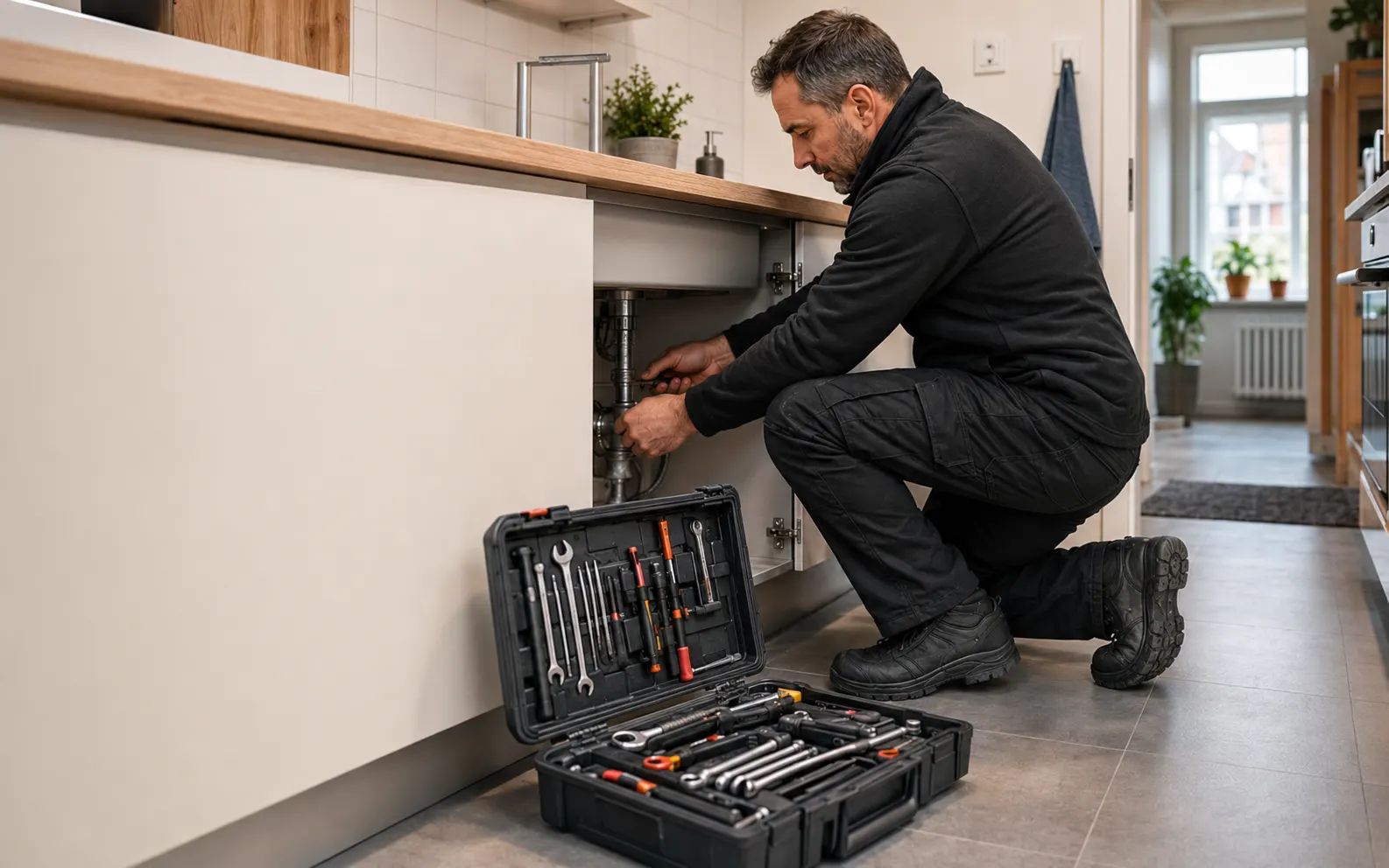 Handwerker führt eine Reparatur in einer Küche durch